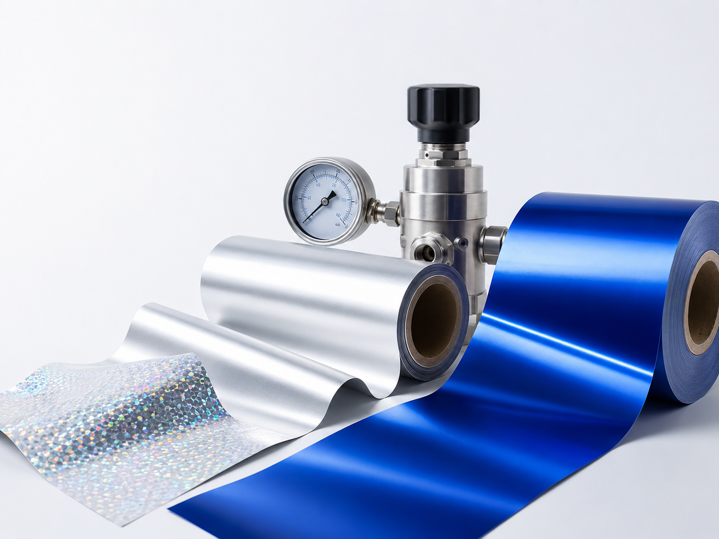 Metallic blue and silver industrial foils with a precision pressure regulator
